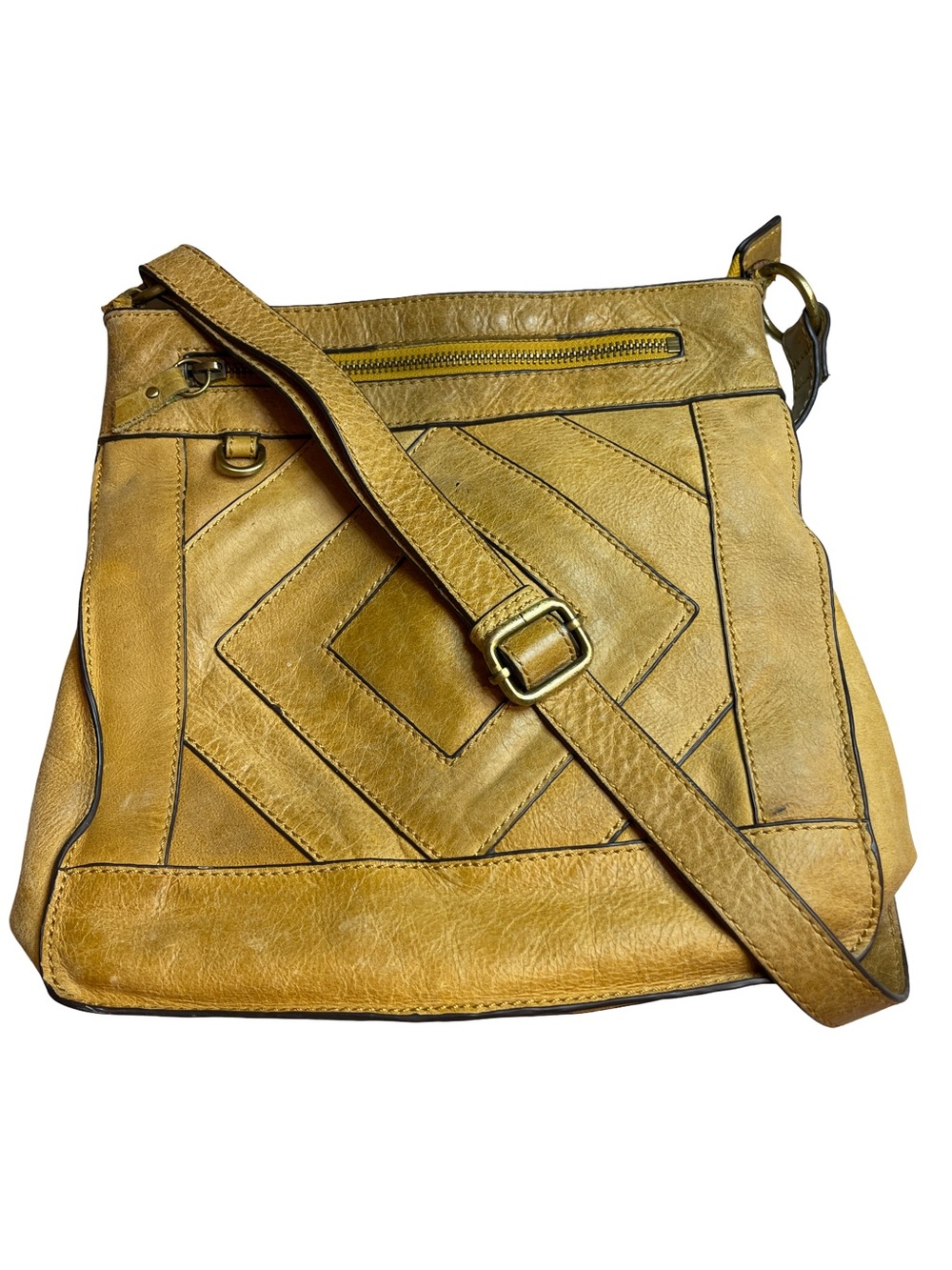 Lucky Brand Mustard Yellow Leather Crossbody Bag Diamond Patchwork